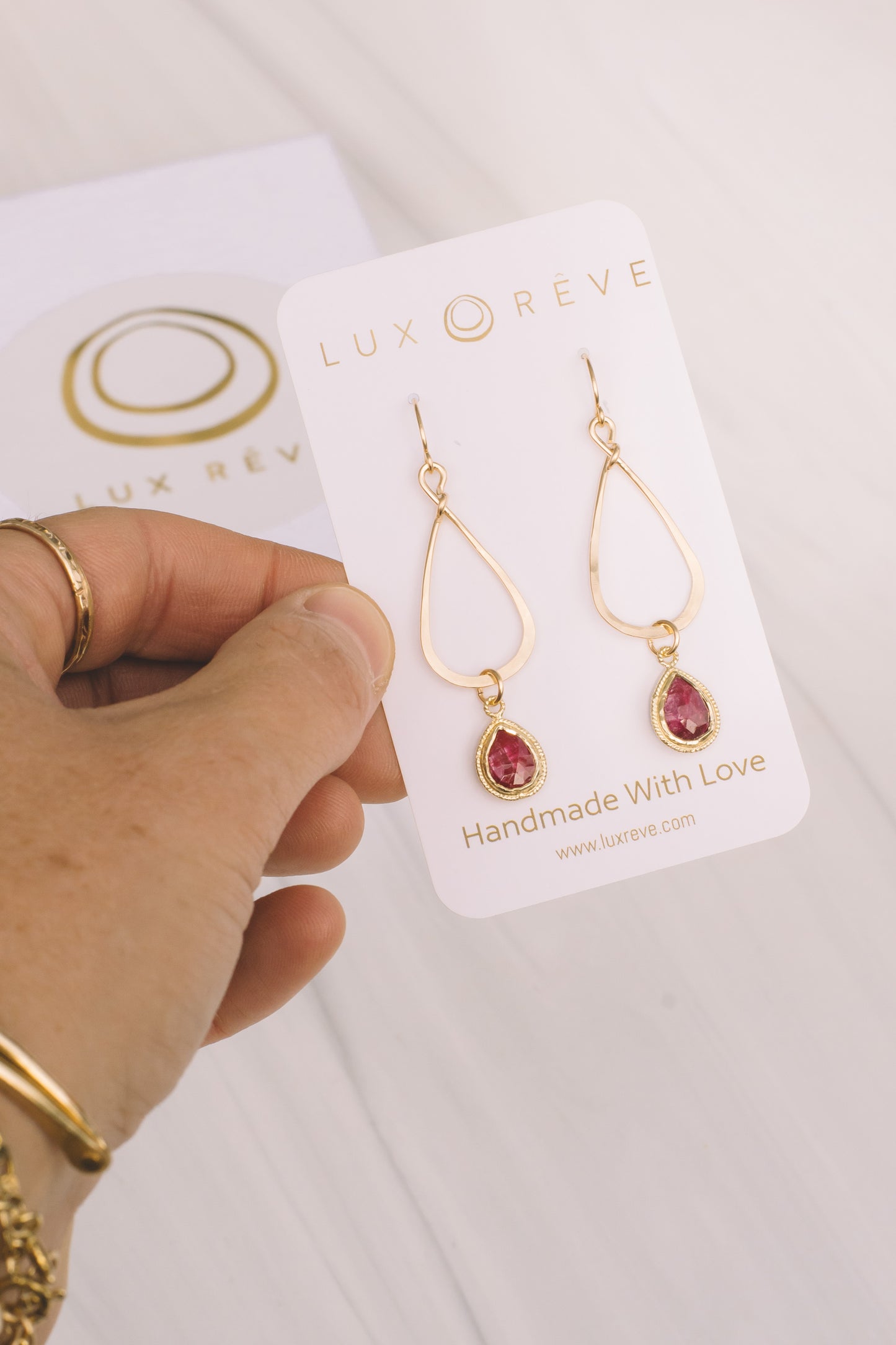 Gold Ruby Tear Drop Earrings