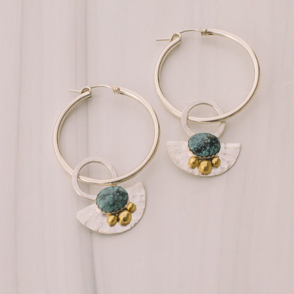 Turquoise Silver and Brass Boho Statement Earrings - Lux Reve