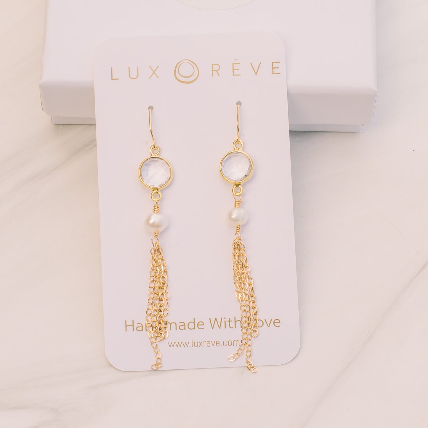 Gold Crystal and pearl Tassel Earrings - Lux Reve