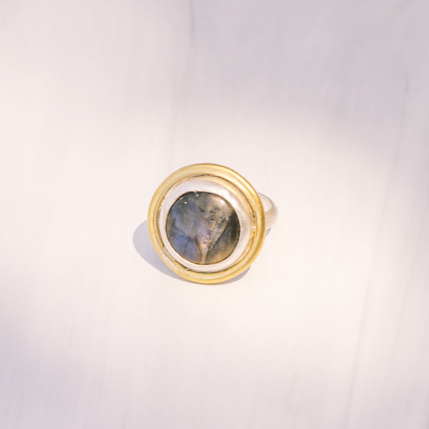 Silver and Brass Round Labradorite Ring - Lux Reve