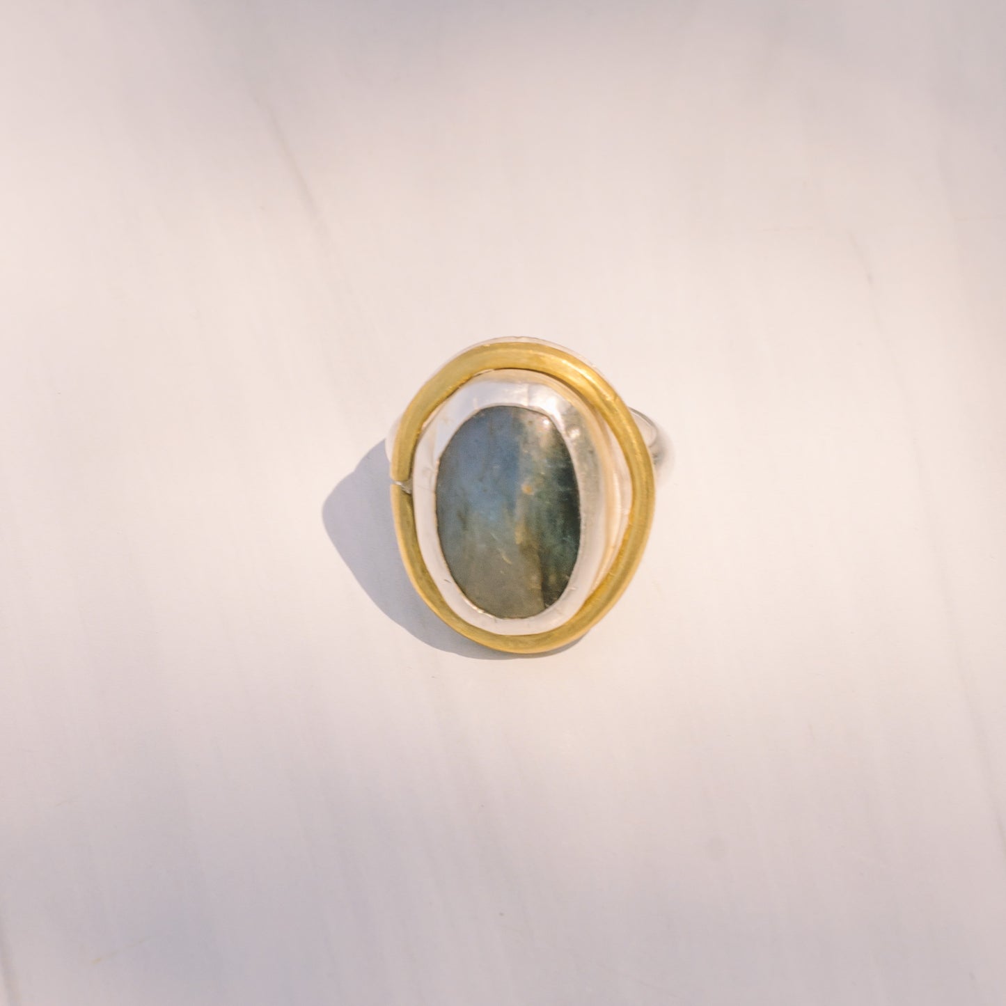 Silver and Brass Oval Labradorite Ring - Lux Reve