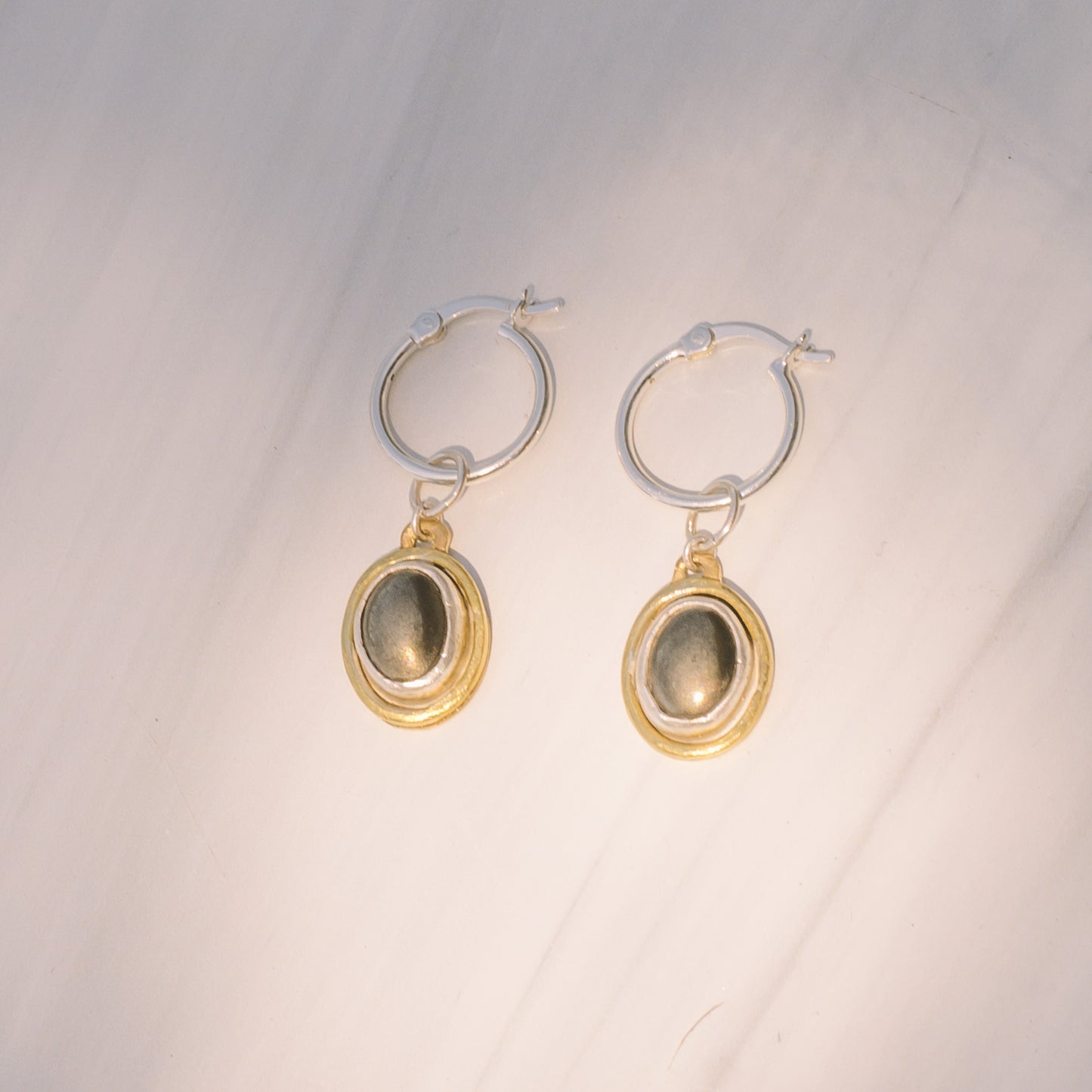 Brass and Silver Pyrite Charm Hoops - Lux Reve