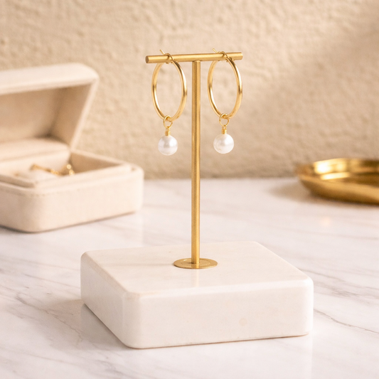 Large Gold Pearl Charm Hoops - Lux Reve