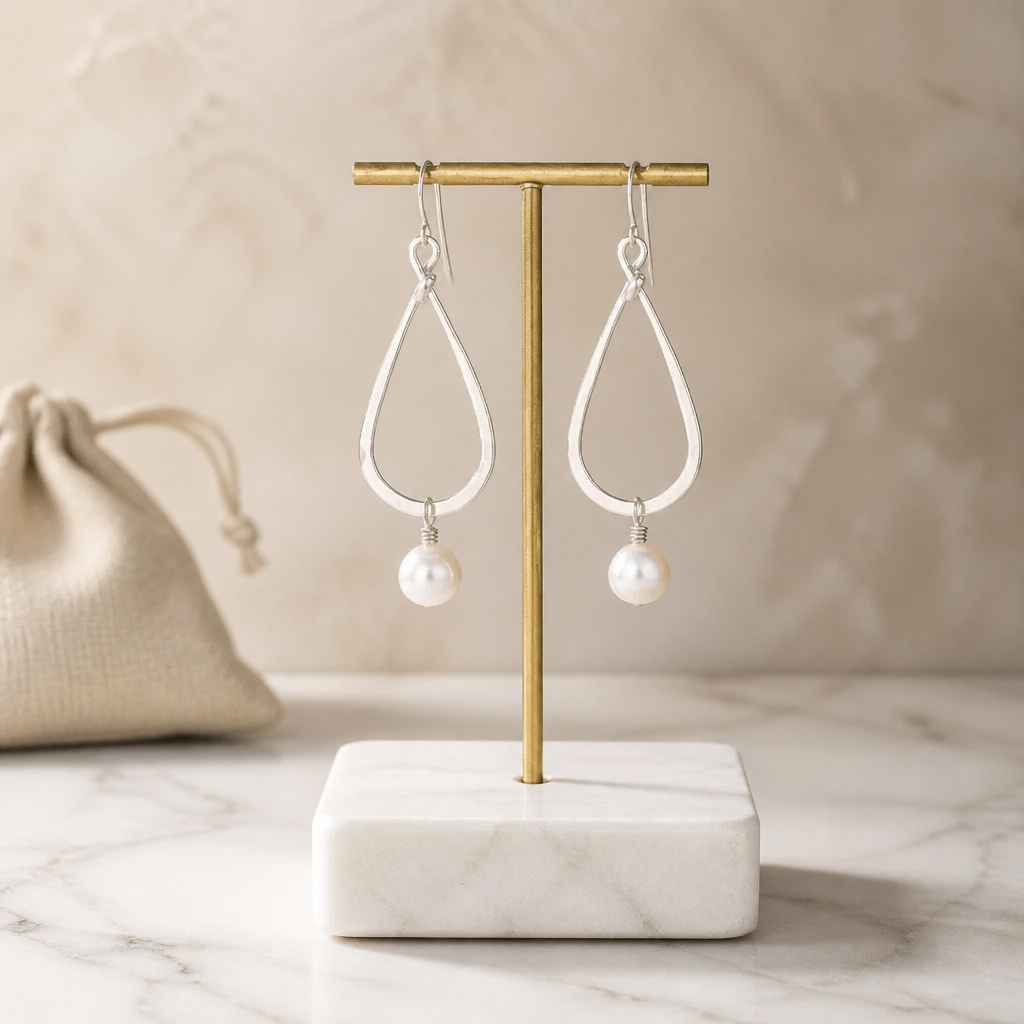 Large Silver Teardrop Pearl Earrings - Lux Reve