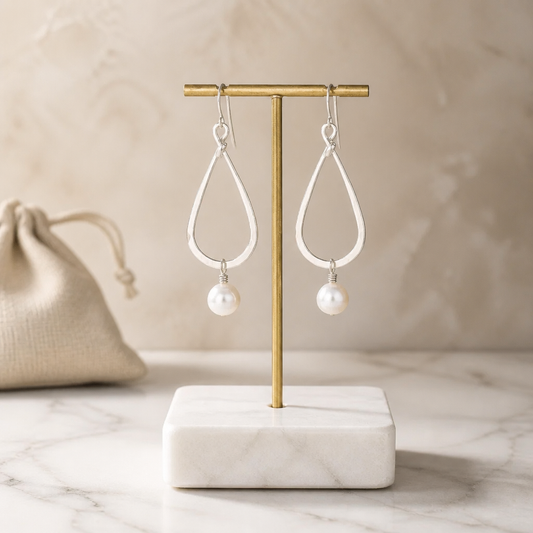 Large Silver Teardrop Pearl Earrings - Lux Reve