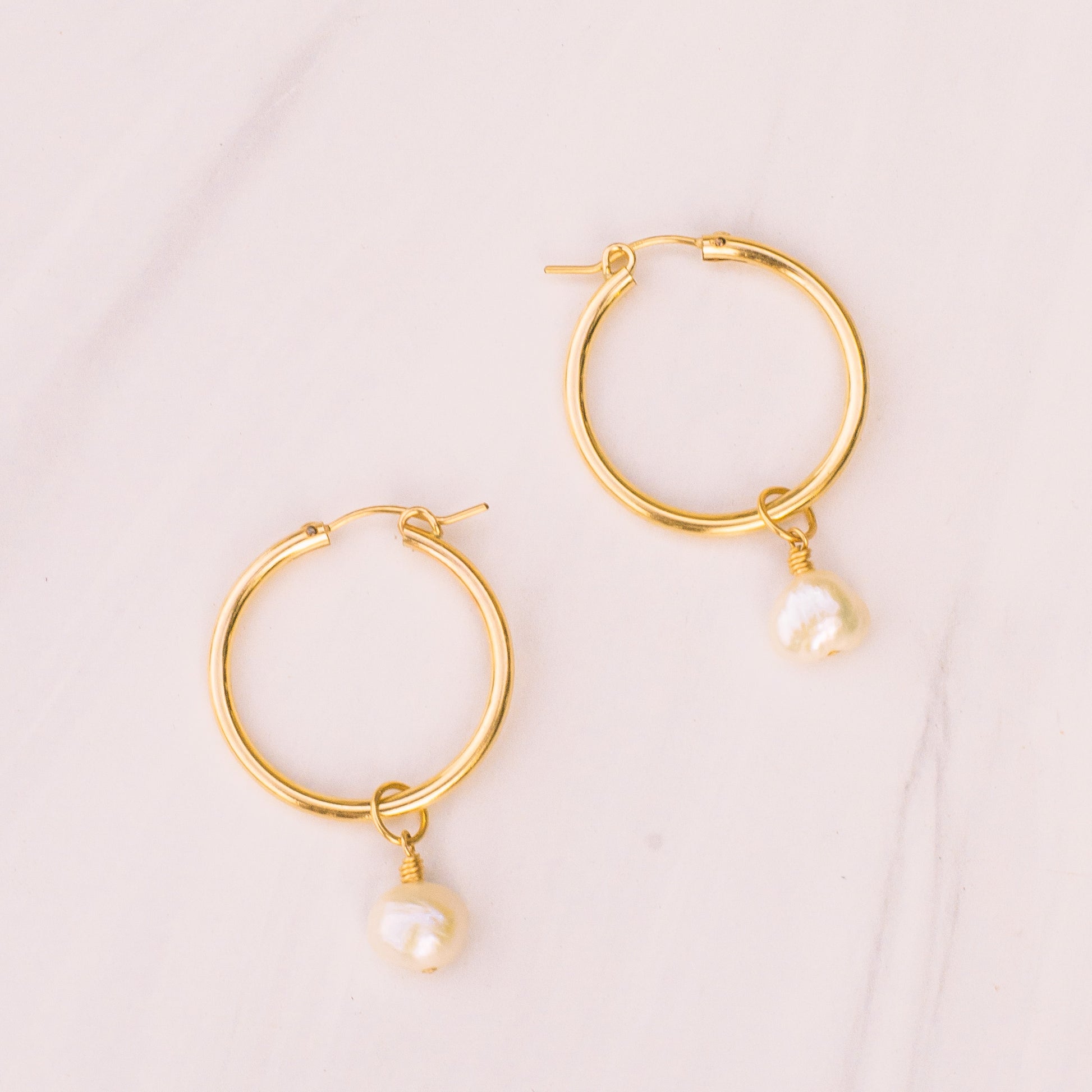 Large Gold Pearl Charm Hoops - Lux Reve