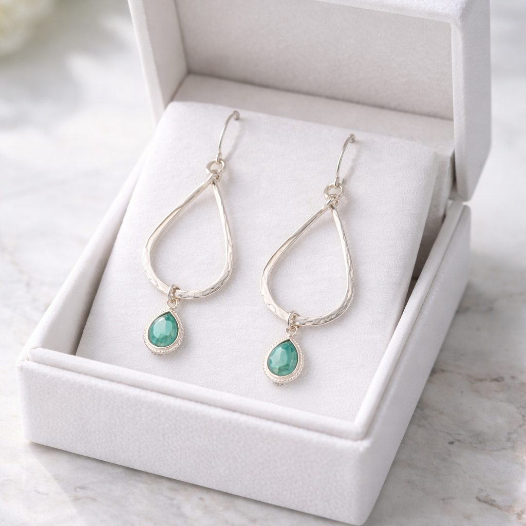 Large Sterling Silver Turquoise Tear Drop Hoop Earrings - Lux Reve