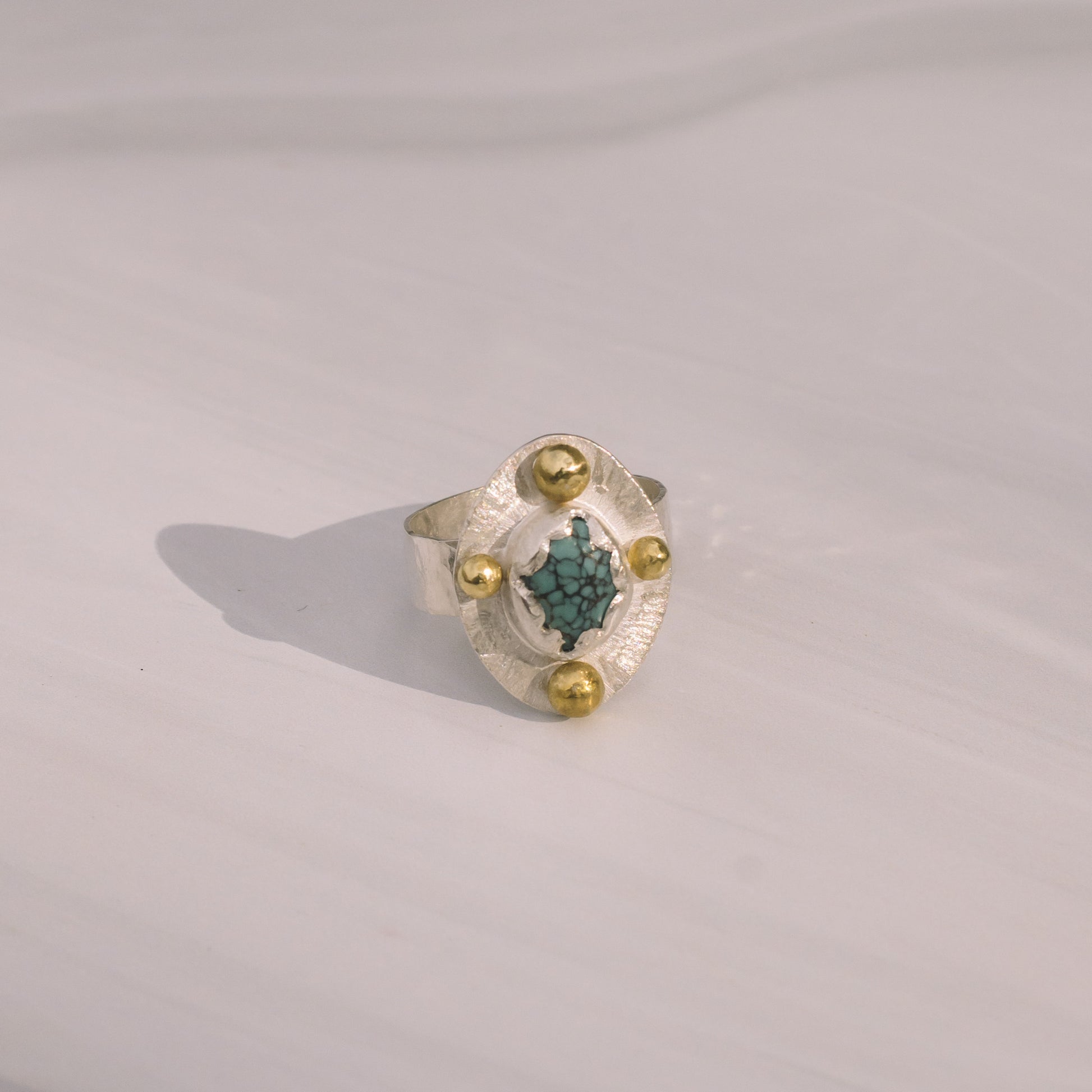 Turquoise Silver and Brass Statement Ring - Lux Reve