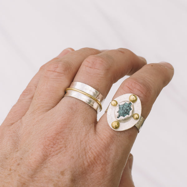 Turquoise Silver and Brass Statement Ring
