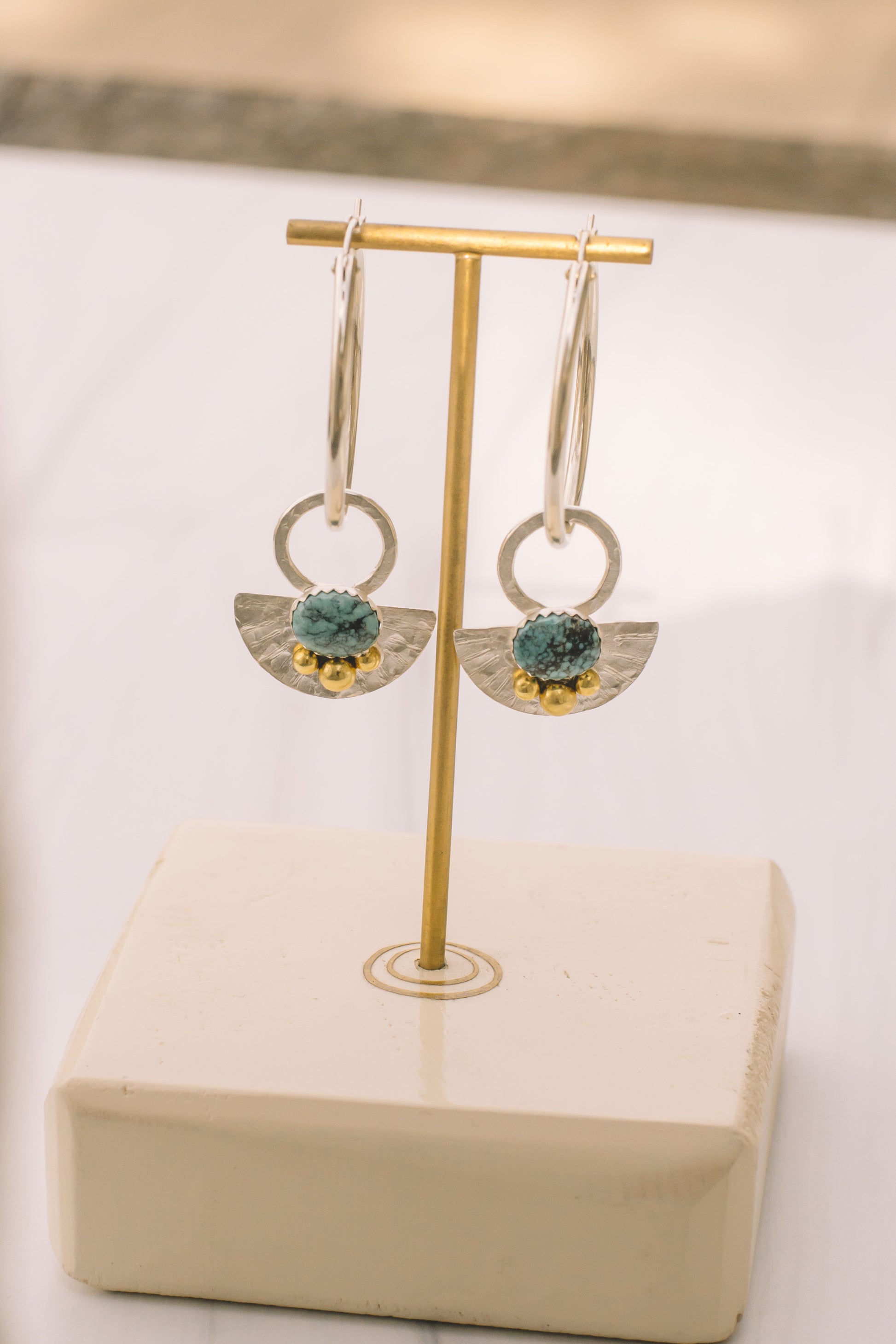 Turquoise Silver and Brass Boho Statement Earrings - Lux Reve