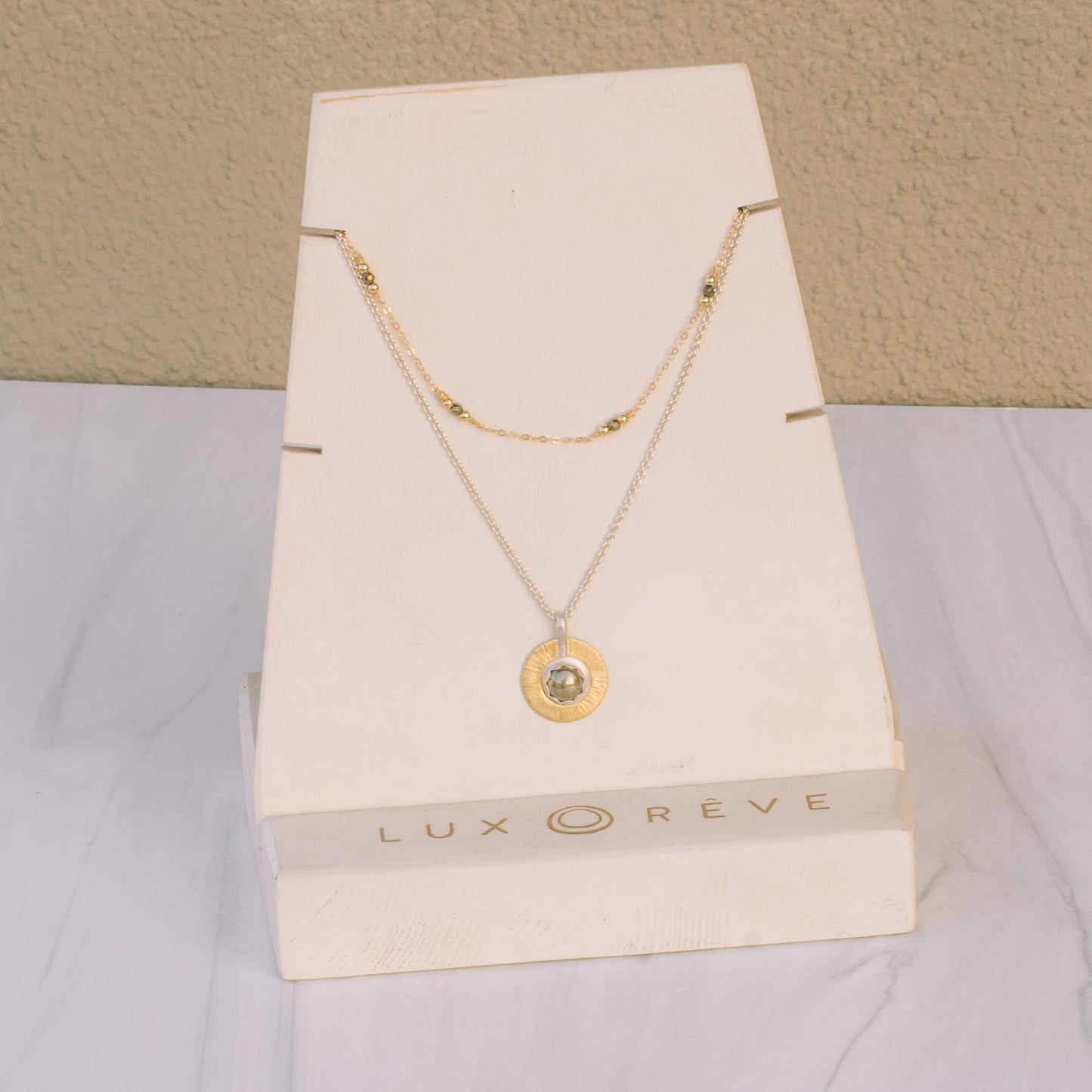 Mix Metal Pyrite Sundial Necklace