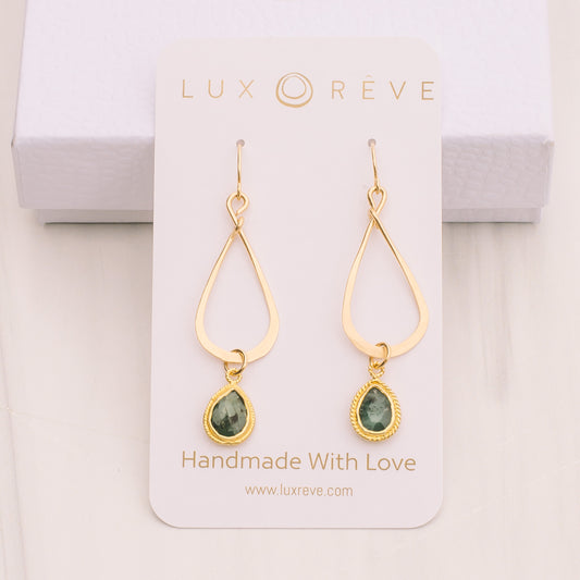 Gold Emerald Tear Drop Hoop Earrings - Lux Reve