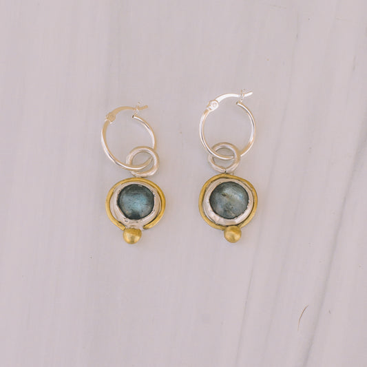 Small Silver and Brass Labradorite Hoops - Lux Reve