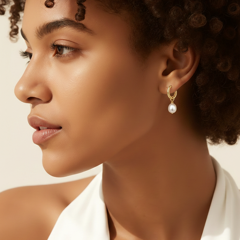 woman wearing small gold tube hoops with white round pearl charms