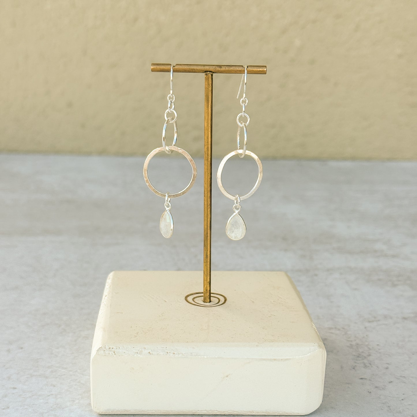 Silver Moonstone Dangle Hoop Earrings