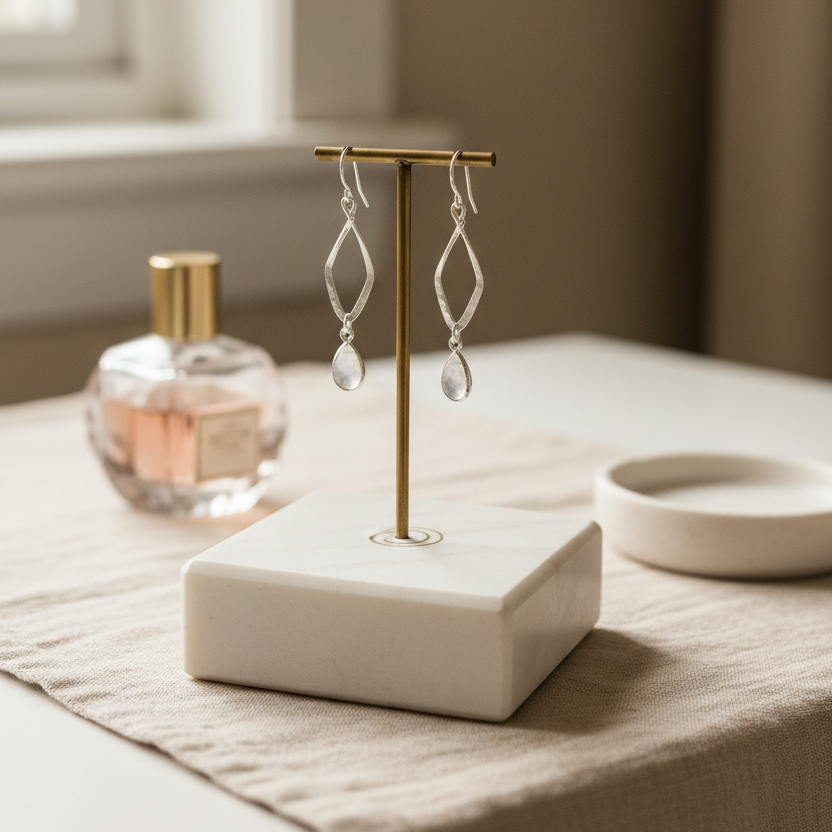 Silver Diamond Moonstone Earrings - Lux Reve