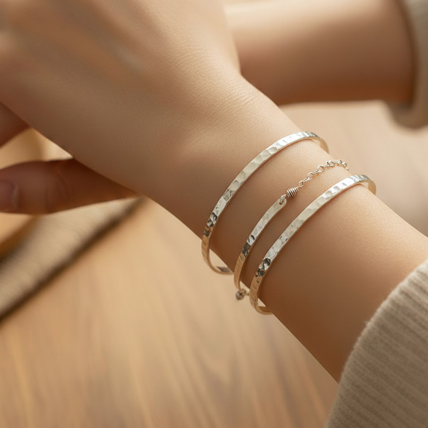 Sterling Silver Hammered Rectangular Cuff Bracelet - Lux Reve