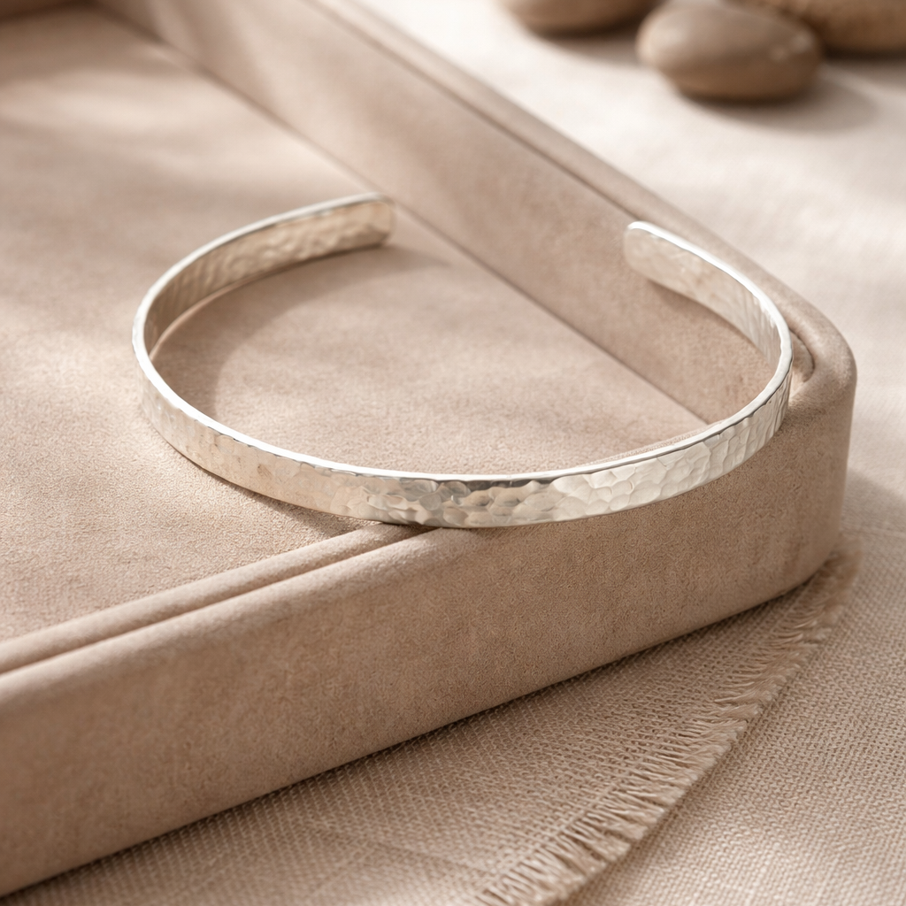 Sterling Silver Hammered Rectangular Cuff Bracelet - Lux Reve