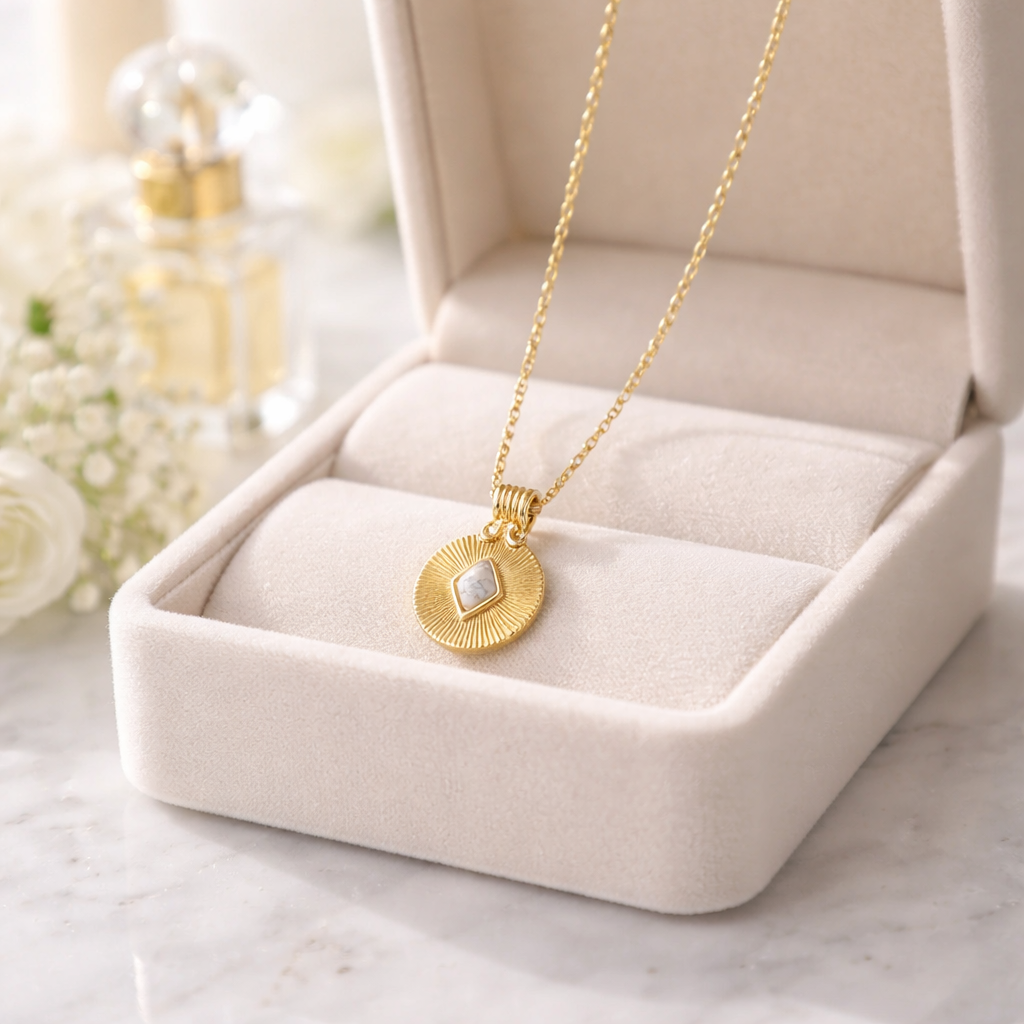 Gold necklace with a pendant in an open jewelry box on a marble surface.Close-up of a person wearing a gold necklace with a circular pendant on a neutral background. The textured gold pendant has a white diamond shaped howlite gemstone in the middle of it.