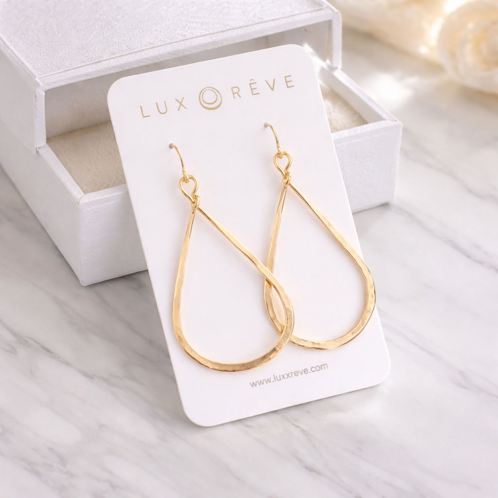 Gold Hammered Tear Drop Hoop Earrings - Lux Reve