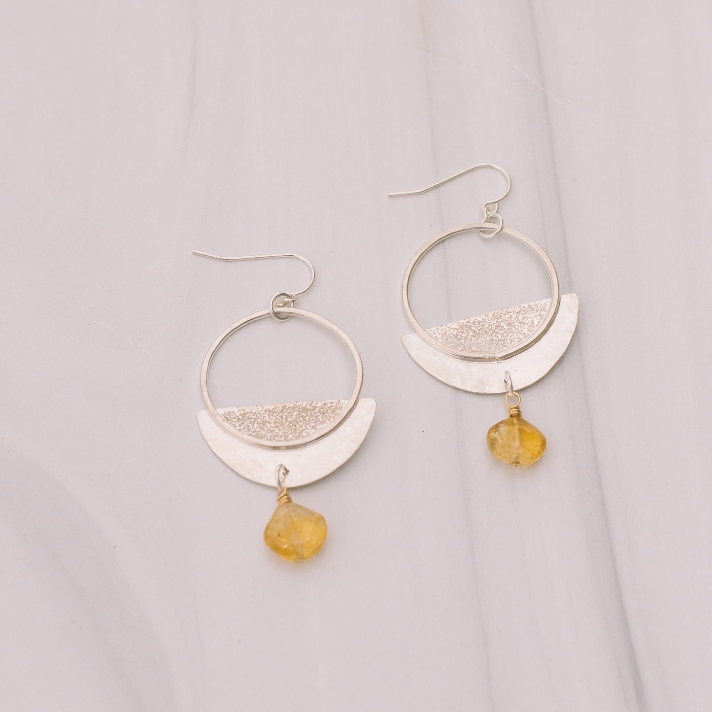 Textured Silver Citrine Hoops - Lux Reve