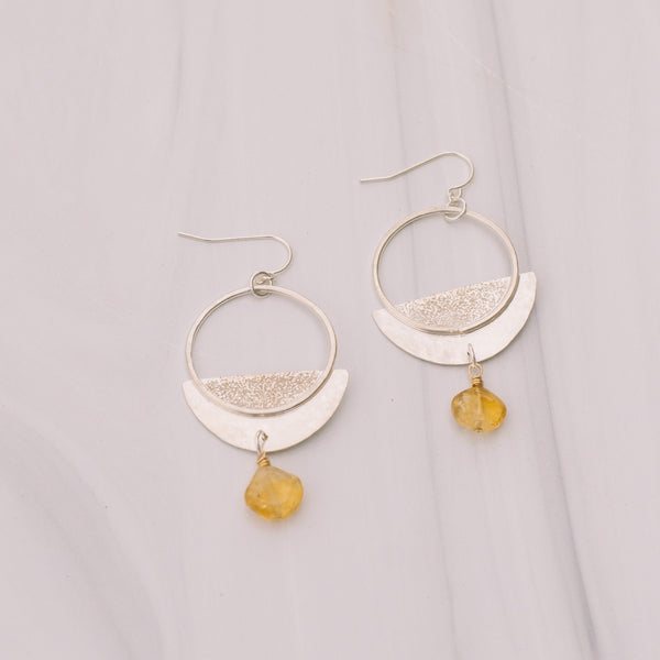 Textured Silver Citrine Hoops - Lux Reve