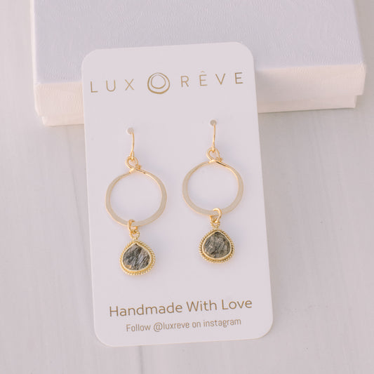Gold Tourmaline Quartz Bezel Hoop Earrings - Lux Reve