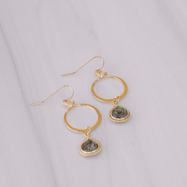 Gold Tourmaline Quartz Bezel Hoop Earrings - Lux Reve