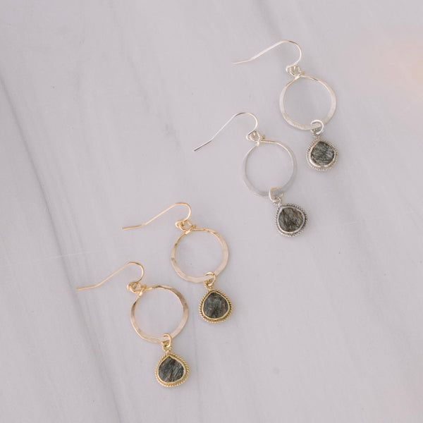 Gold Tourmaline Quartz Bezel Hoop Earrings - Lux Reve